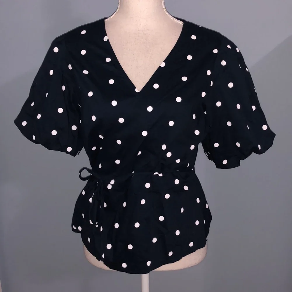 Old Navy Navy Blue Polka Dot Puff Sleeve Wrap Top